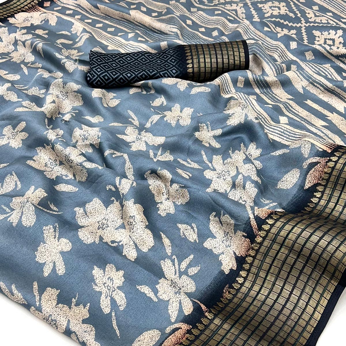 Grey Floral Printed Georgette Saree With Woven Border