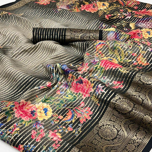 Black & Brown Floral Woven With Printed Georgette Saree
