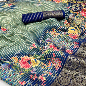 Blue & Green Floral Woven With Printed Georgette Saree