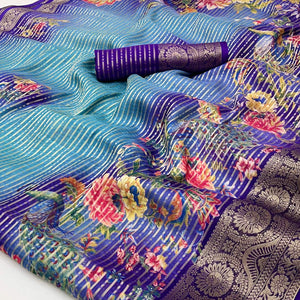 Violet & Blue Floral Woven With Printed Georgette Saree