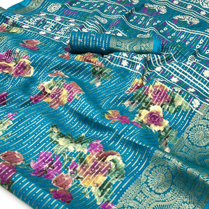 Blue Floral Woven With Printed Georgette Saree