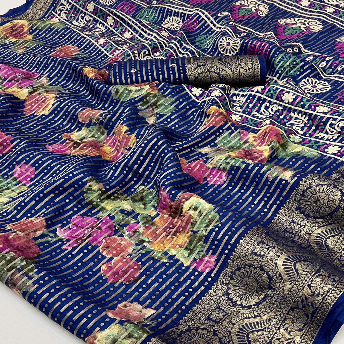Navy Blue Floral Woven With Printed Georgette Saree