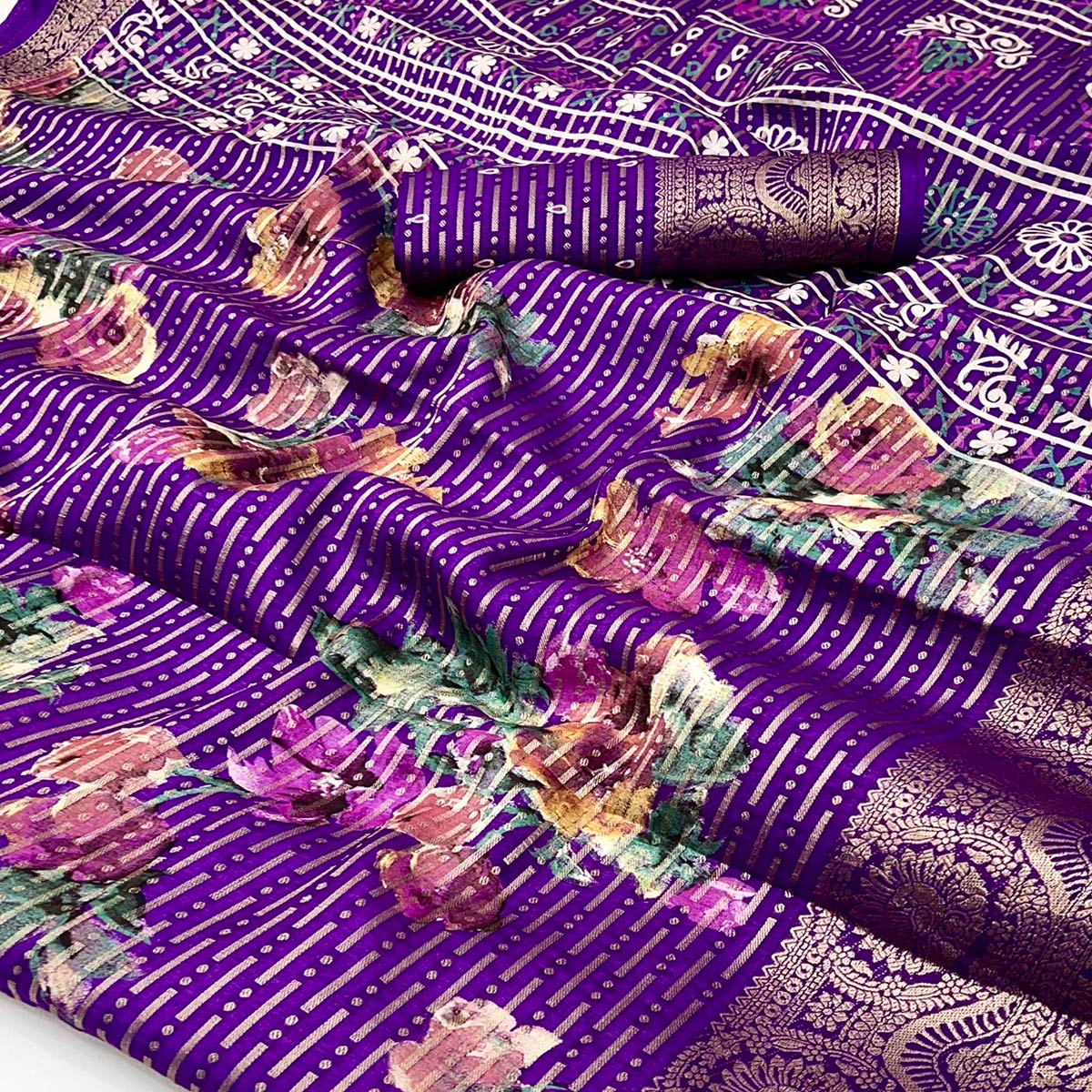 Purple Floral Woven With Printed Georgette Saree