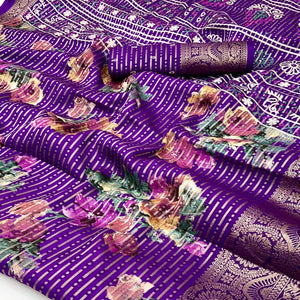 Purple Floral Woven With Printed Georgette Saree