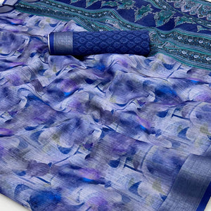 Blue Digital Printed Linen Saree With Woven Border