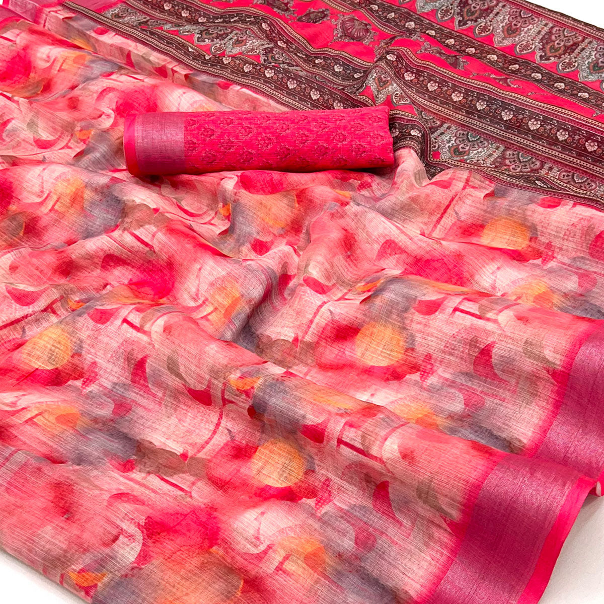 Pink Digital Printed Linen Saree With Woven Border