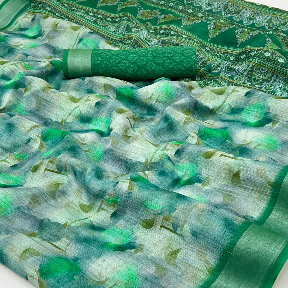 Green Digital Printed Linen Saree With Woven Border