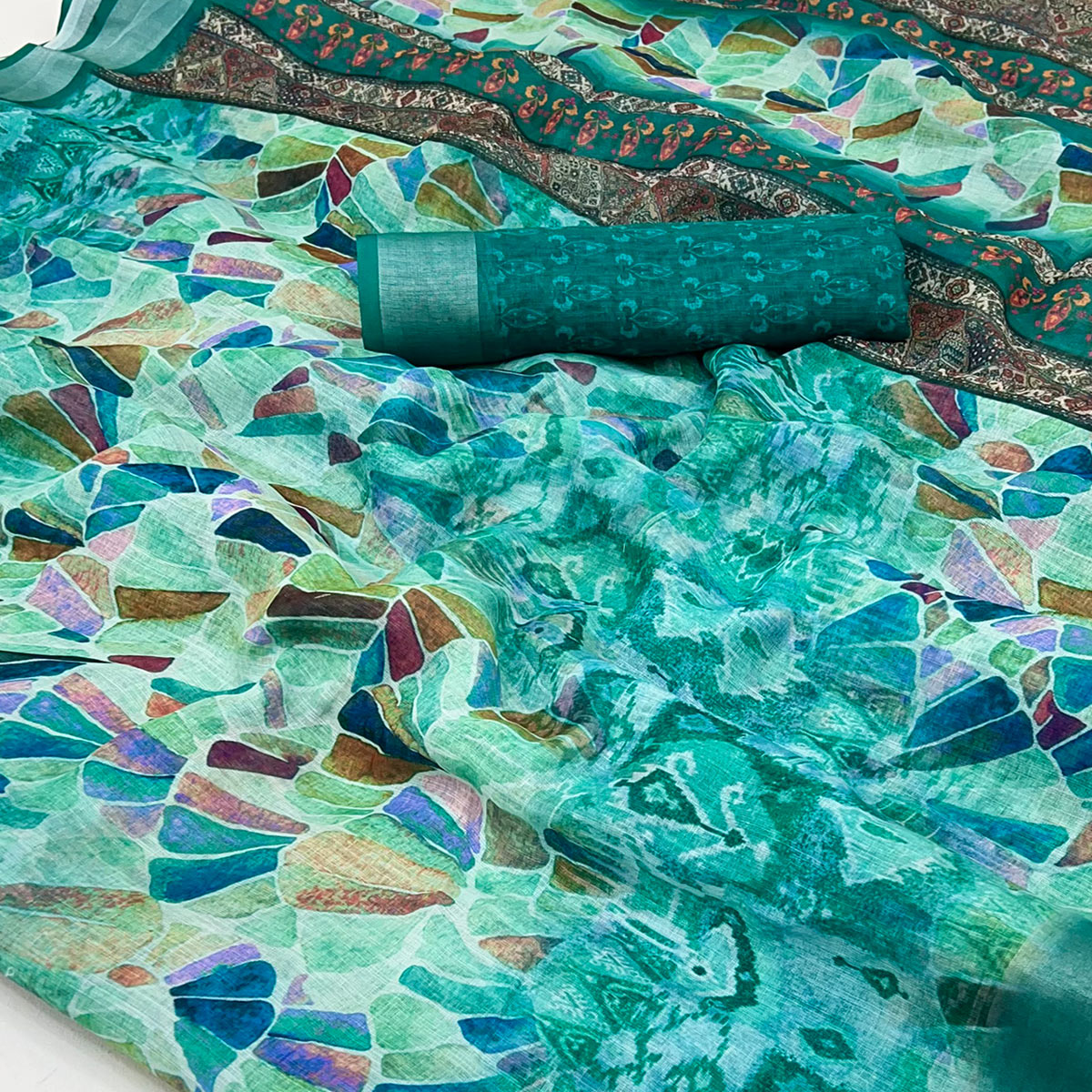Teal Digital Printed Linen Saree With Woven Border