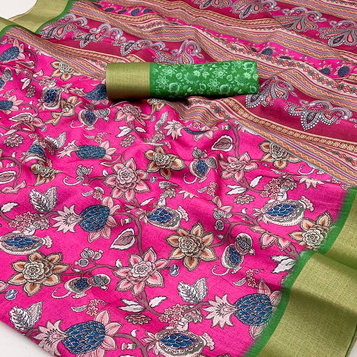 Rani Pink Floral Printed Cotton Silk Saree With Woven Border