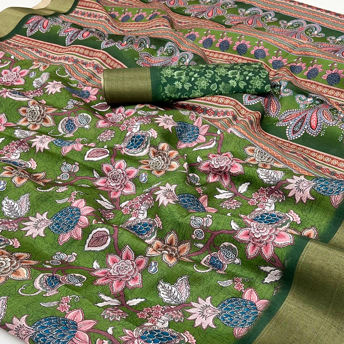 Green Floral Printed Cotton Silk Saree With Woven Border