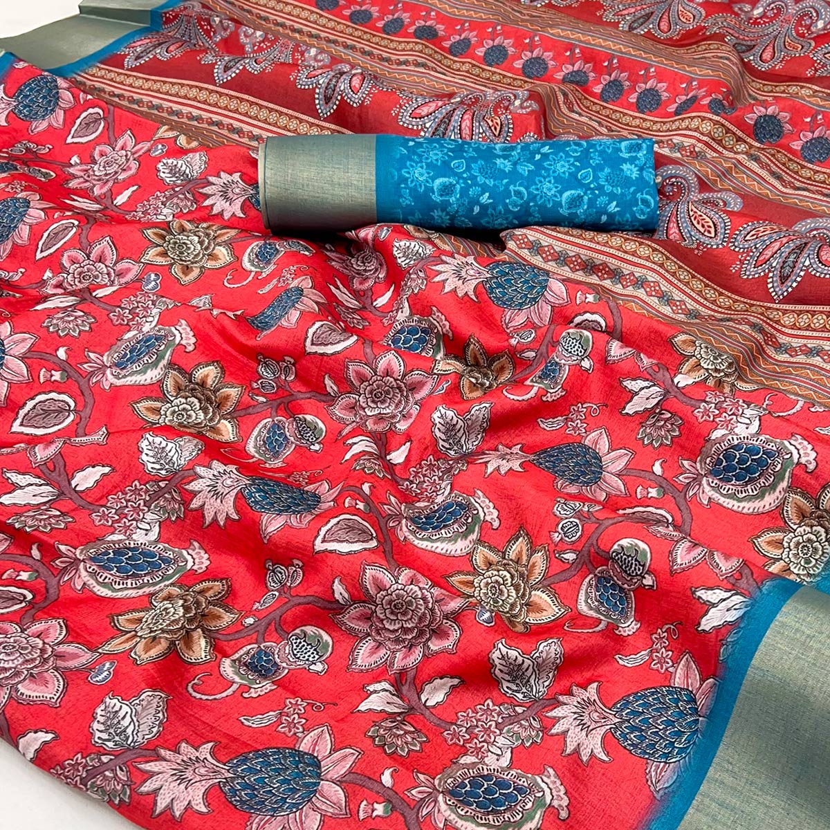 Red Floral Printed Cotton Silk Saree With Woven Border