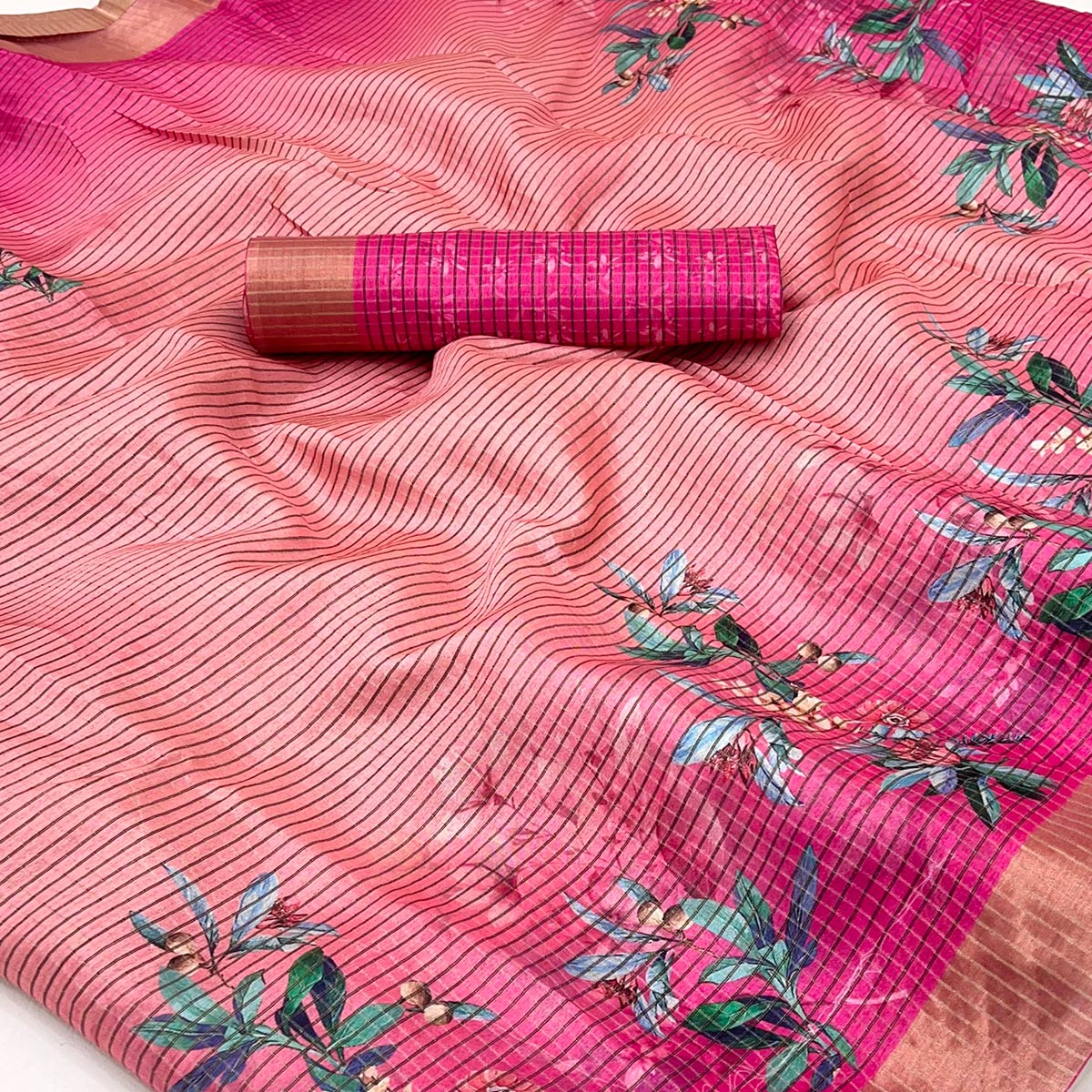 Peach & Pink Striped & Floral Printed Cotton Silk Saree With Woven Border