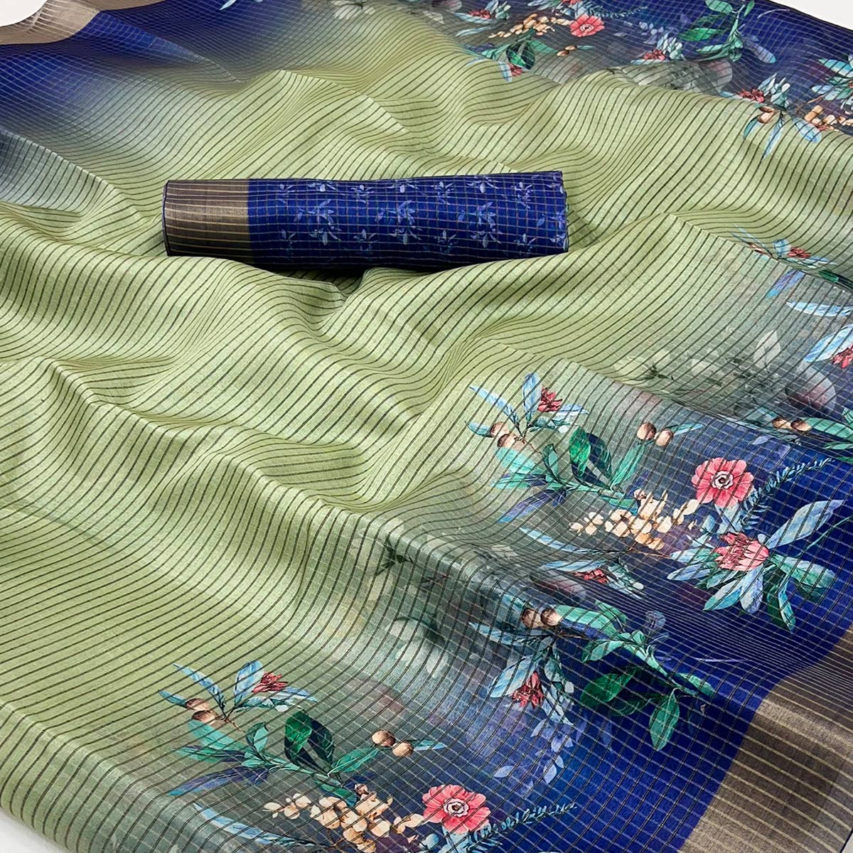 Green & Blue Striped & Floral Printed Cotton Silk Saree With Woven Border