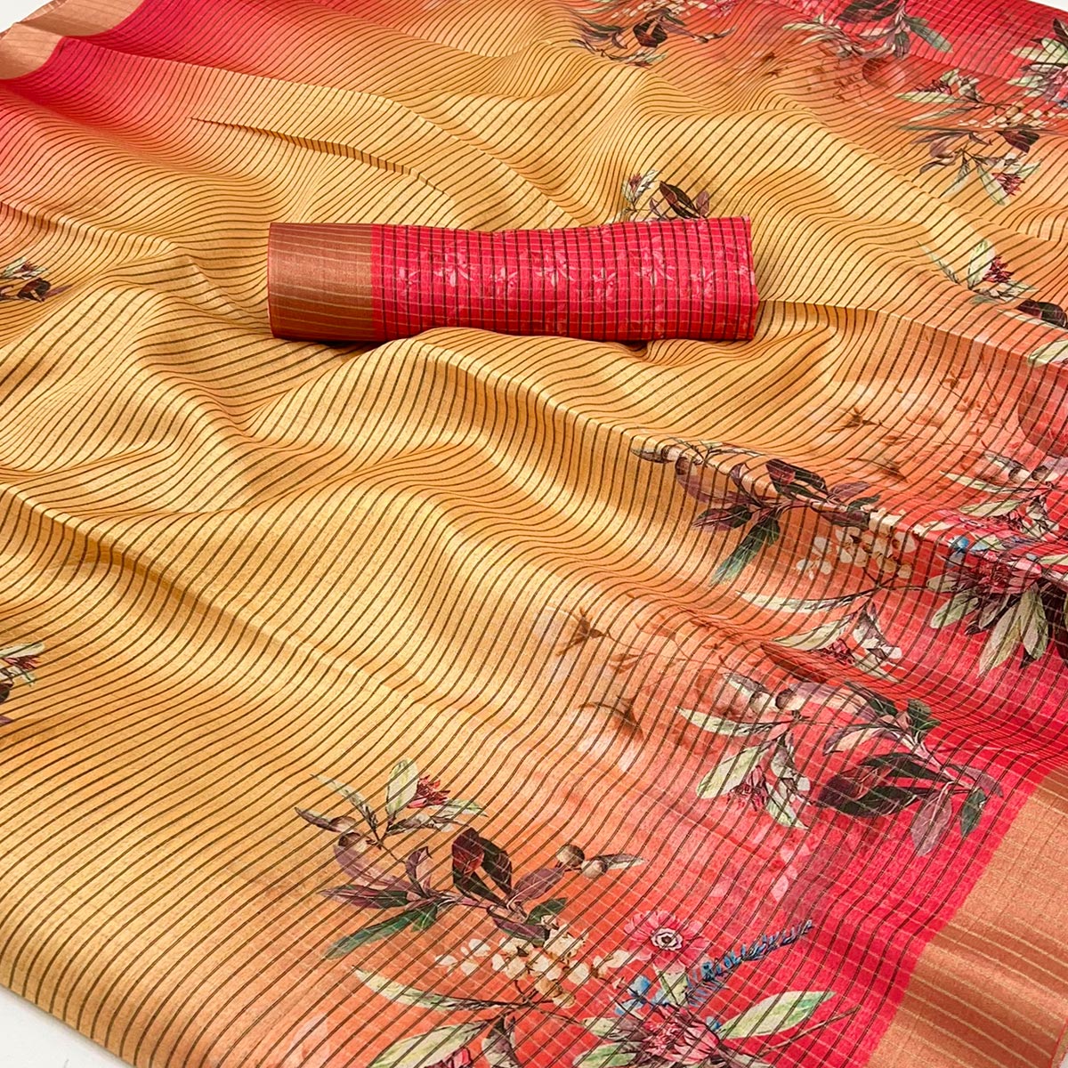Gold & Red Striped & Floral Printed Cotton Silk Saree With Woven Border