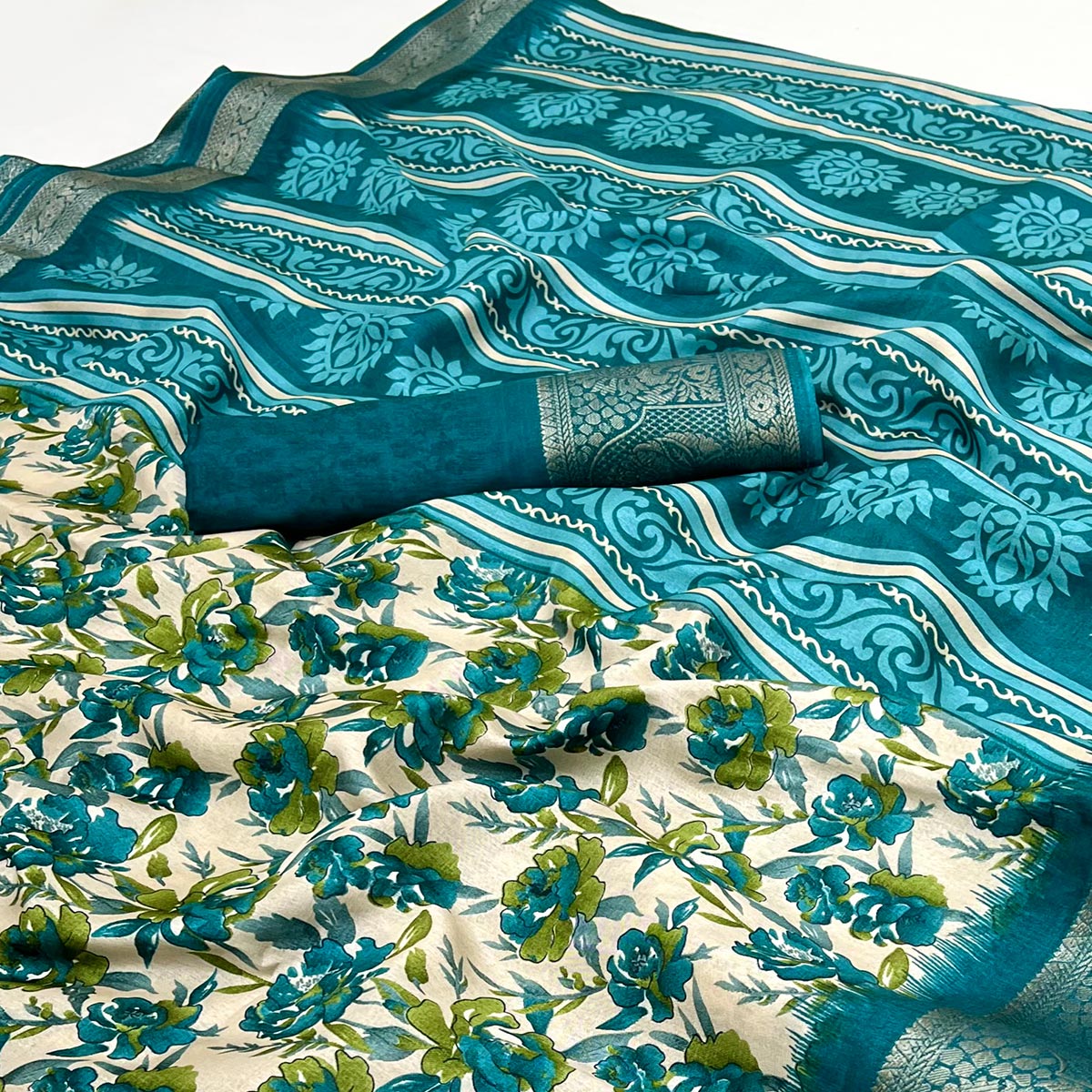 Festive Teal Floral Print Saree in Soft Silk with Contrast Jacquard Edging