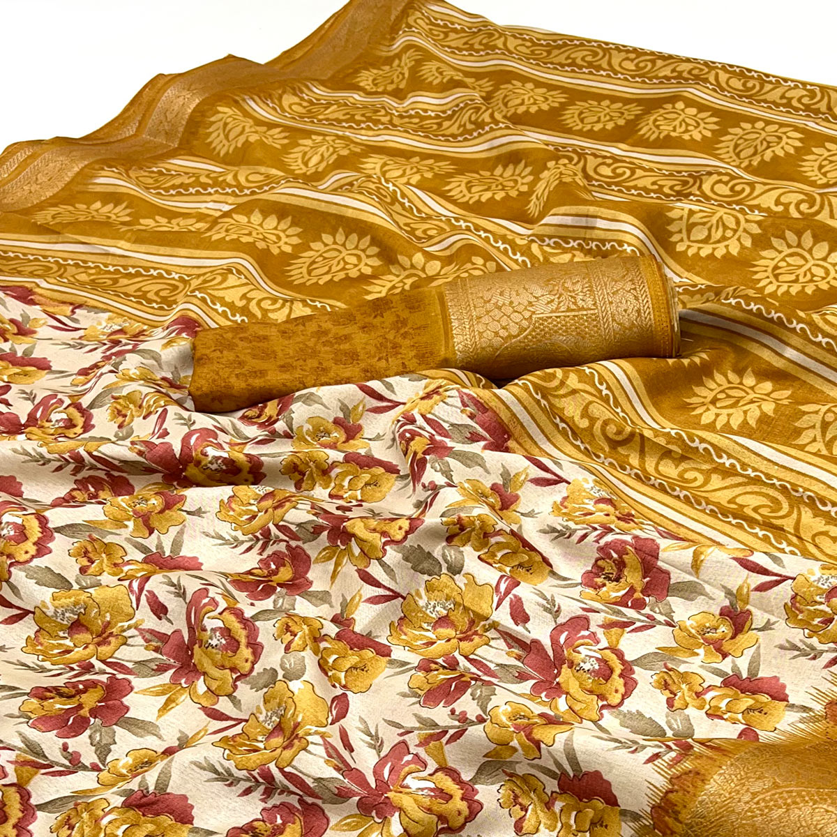 Festive Mustard Floral Print Saree in Soft Silk with Contrast Jacquard Edging
