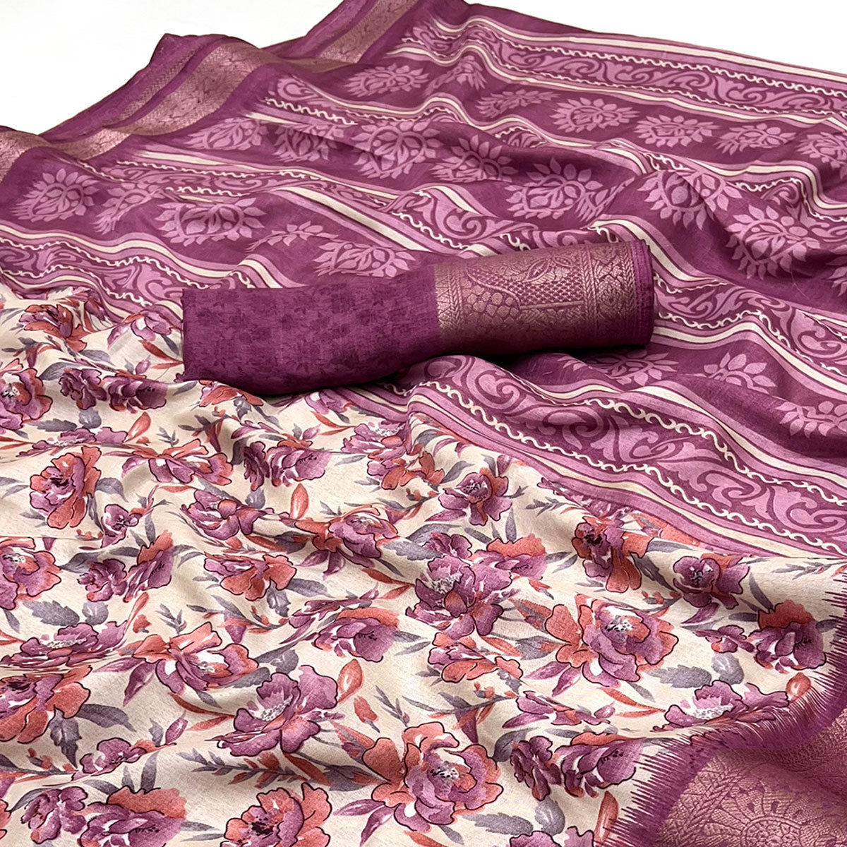 Festive Wine Floral Print Saree in Soft Silk with Contrast Jacquard Edging