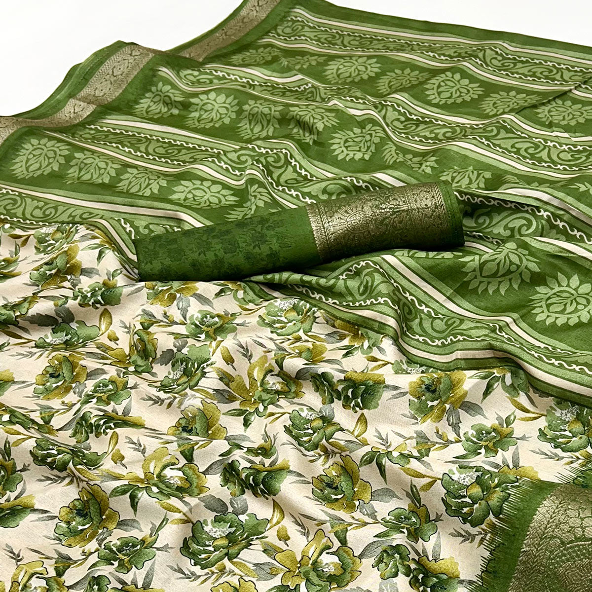 Festive Green Floral Print Saree in Soft Silk with Contrast Jacquard Edging