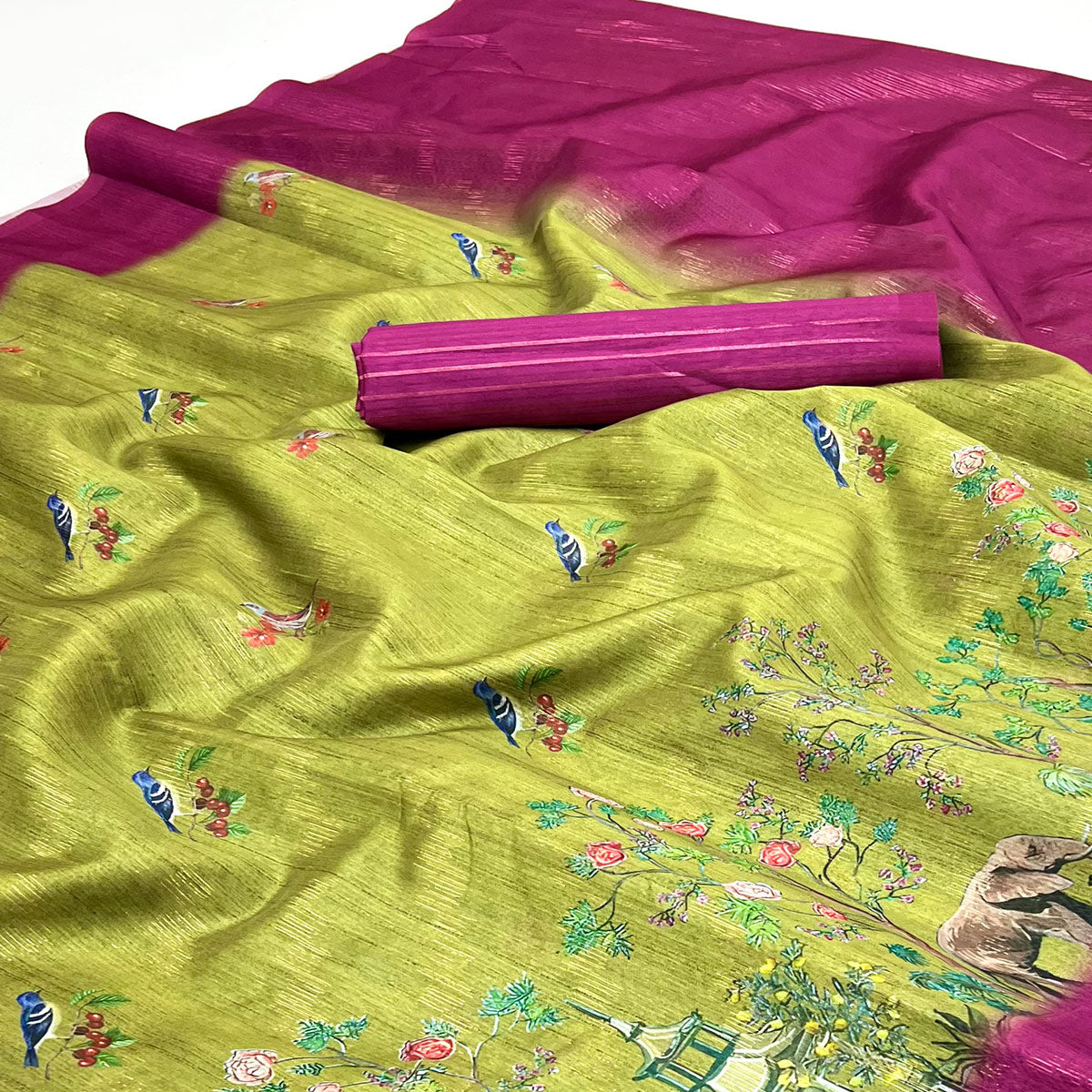 Art-Inspired Green Digital Print Saree in Soft Cotton Silk