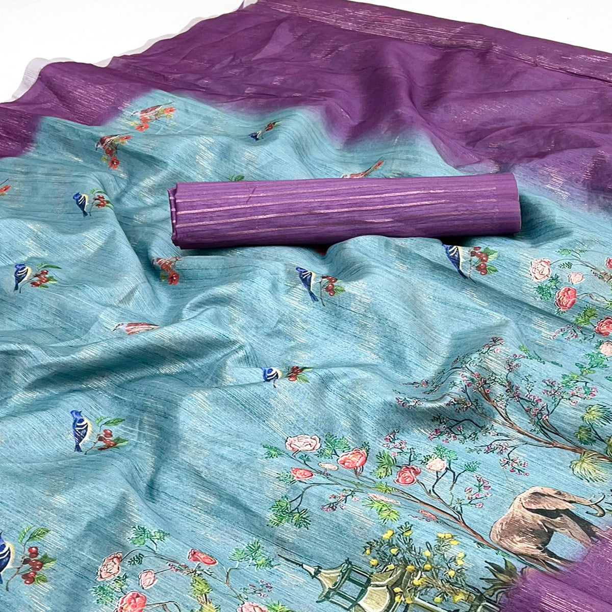 Art-Inspired Sky Blue Digital Print Saree in Soft Cotton Silk