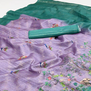 Art-Inspired Lavender Digital Print Saree in Soft Cotton Silk