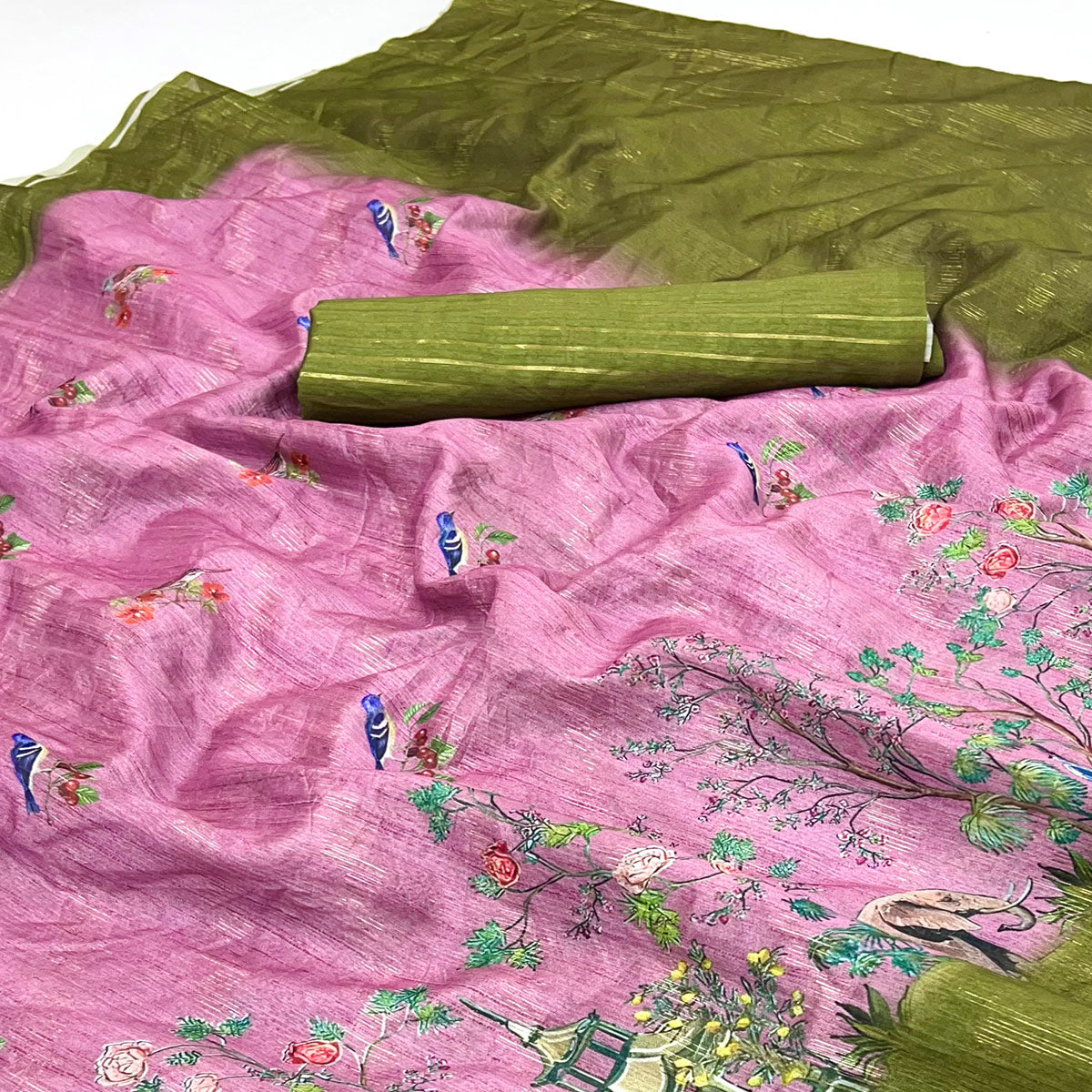 Art-Inspired Pink Digital Print Saree in Soft Cotton Silk