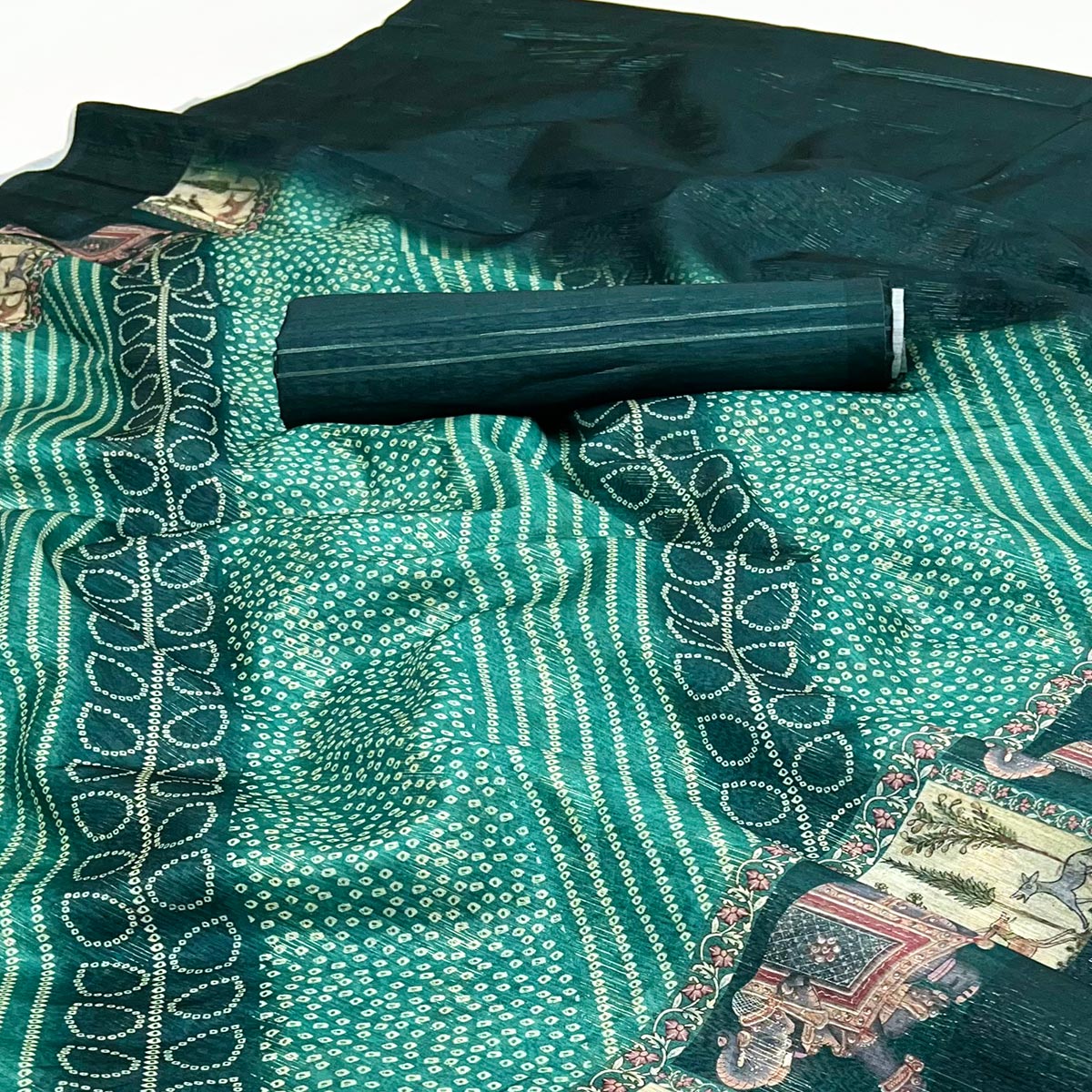 Teal Cotton Silk Saree with Digital Bandhani Print Design & Rich Woven Border