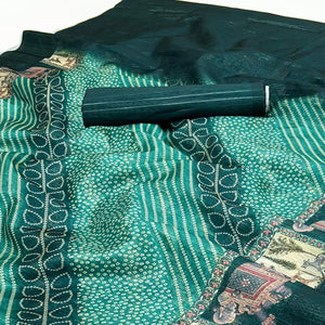 Teal Cotton Silk Saree with Digital Bandhani Print Design & Rich Woven Border