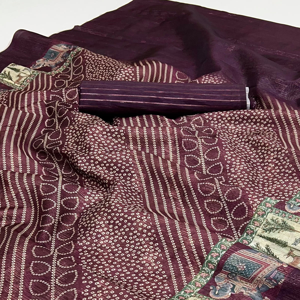 Wine Cotton Silk Saree with Digital Bandhani Print Design & Rich Woven Border