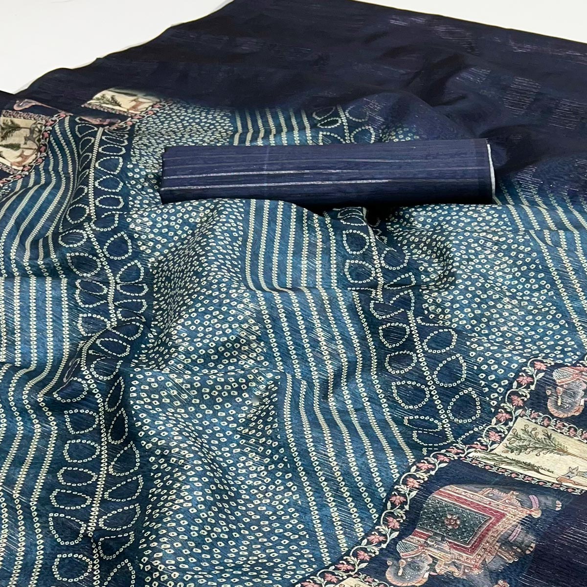 Blue Cotton Silk Saree with Digital Bandhani Print Design & Rich Woven Border