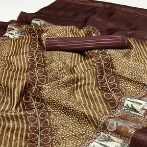 Beige & Brown Cotton Silk Saree with Digital Bandhani Print Design & Rich Woven Border