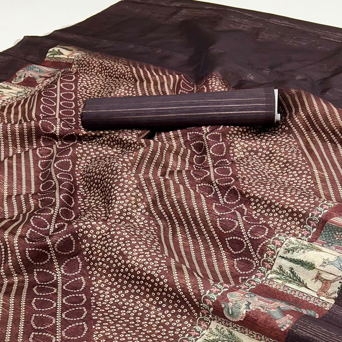 Dark Brown Cotton Silk Saree with Digital Bandhani Print Design & Rich Woven Border