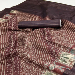 Dark Brown Cotton Silk Saree with Digital Bandhani Print Design & Rich Woven Border