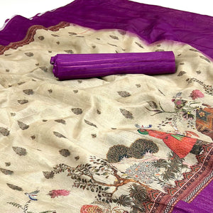 Off-White Digital Print Cotton Silk Saree with Purple Woven Border