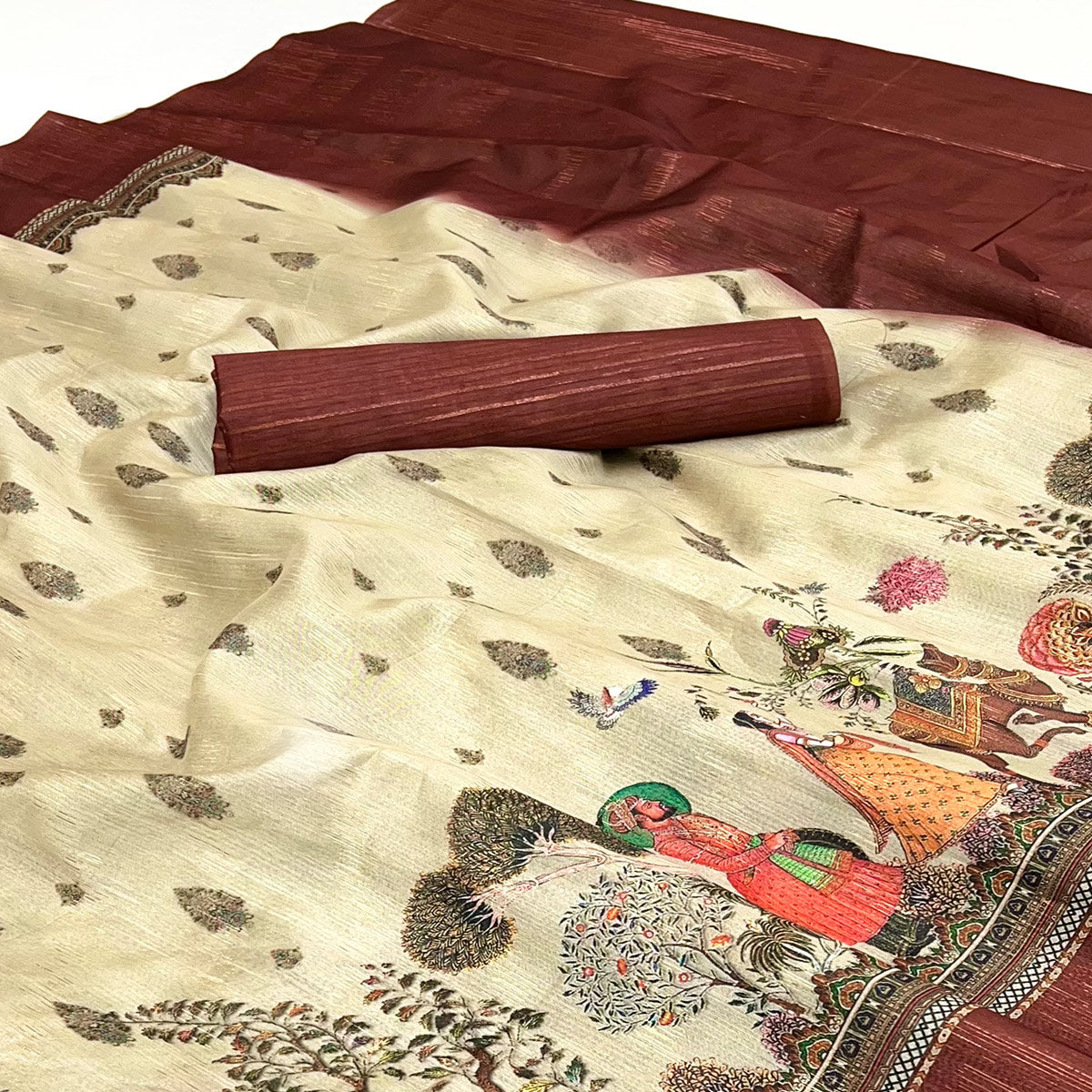 Off-White Digital Print Cotton Silk Saree with Brown Woven Border