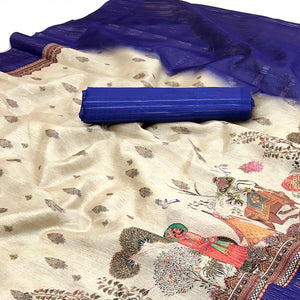 Off-White Digital Print Cotton Silk Saree with Blue Woven Border