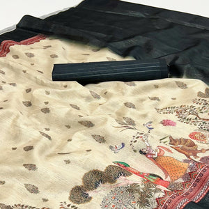 Off-White Digital Print Cotton Silk Saree with Black Woven Border