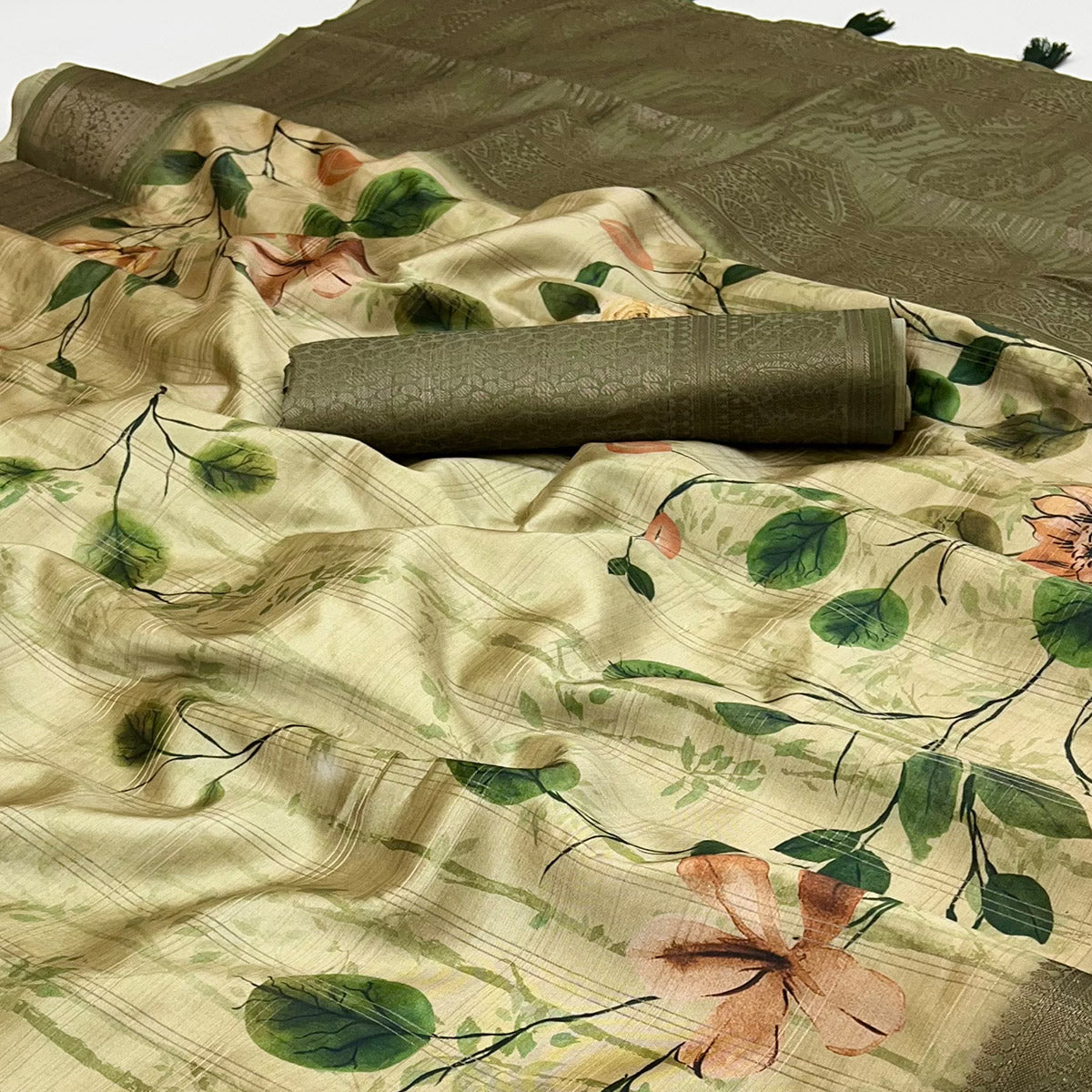Stylish Cotton Silk Saree in Beige & Olive with Digital Printed and Weaving Border