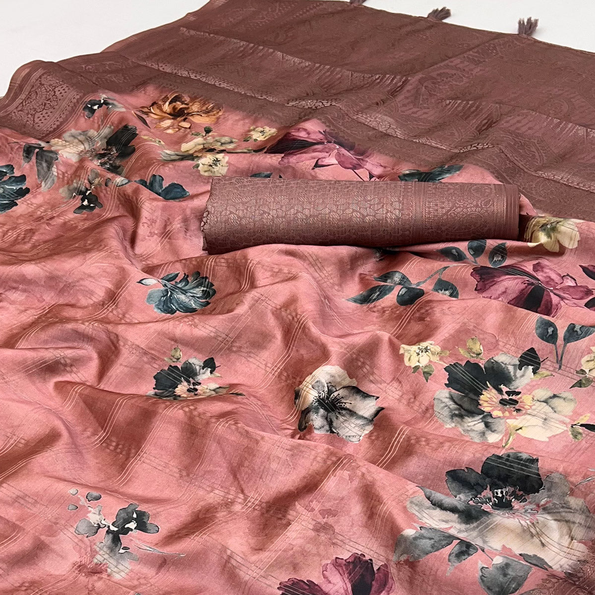 Stylish Cotton Silk Saree in Peach with Digital Printed and Weaving Border