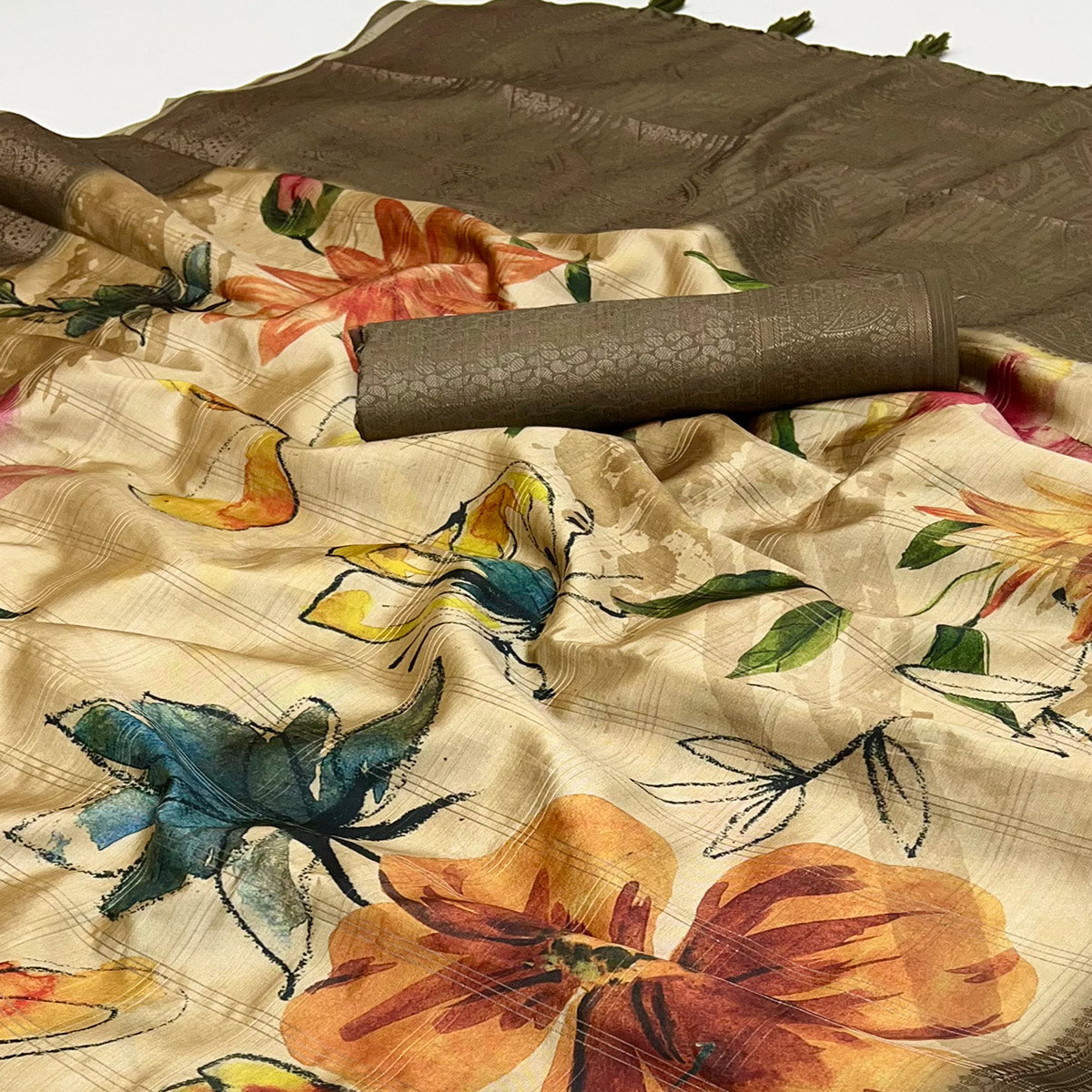 Stylish Cotton Silk Saree in Beige with Digital Printed and Weaving Border