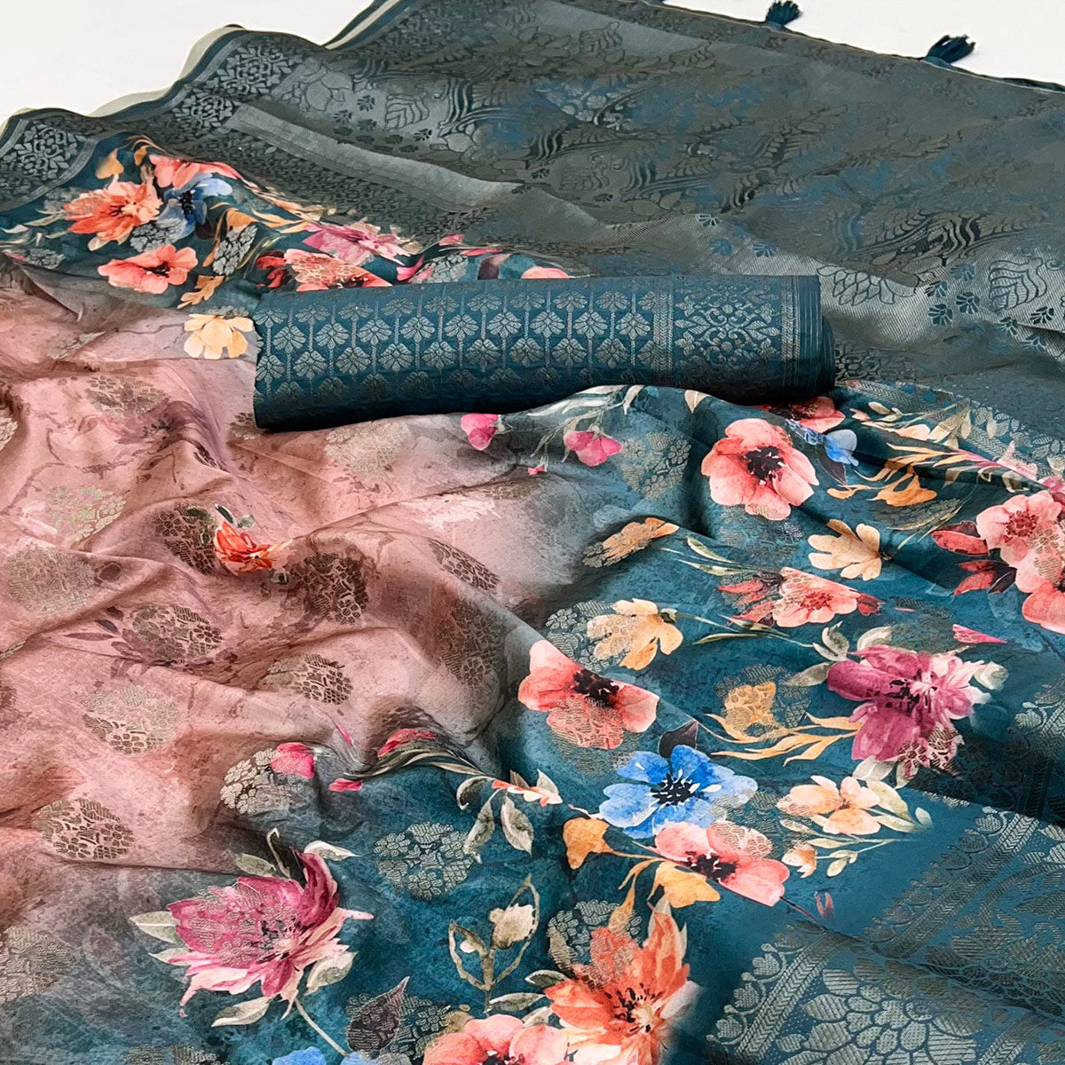 Stylish Cotton Silk Saree in Peach & Teal with Digital Printed and Weaving Border