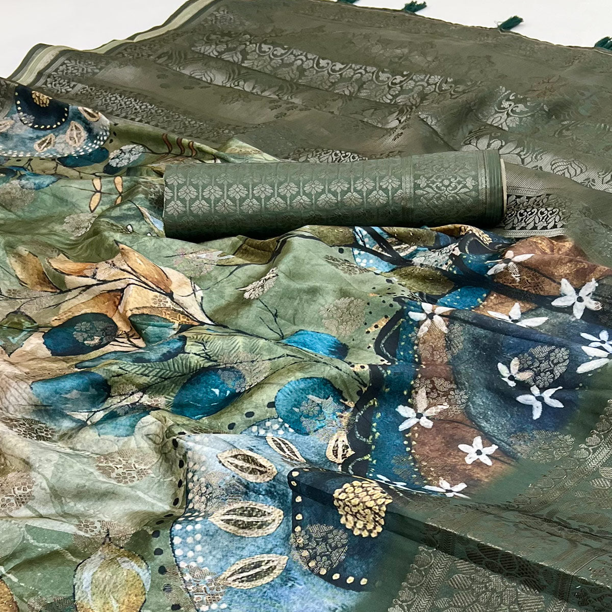 Stylish Cotton Silk Saree in Dusty Green with Digital Printed and Weaving Border