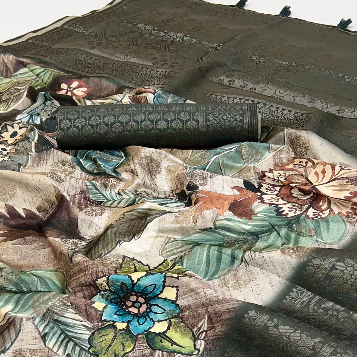 Stylish Cotton Silk Saree in Green with Digital Printed and Weaving Border