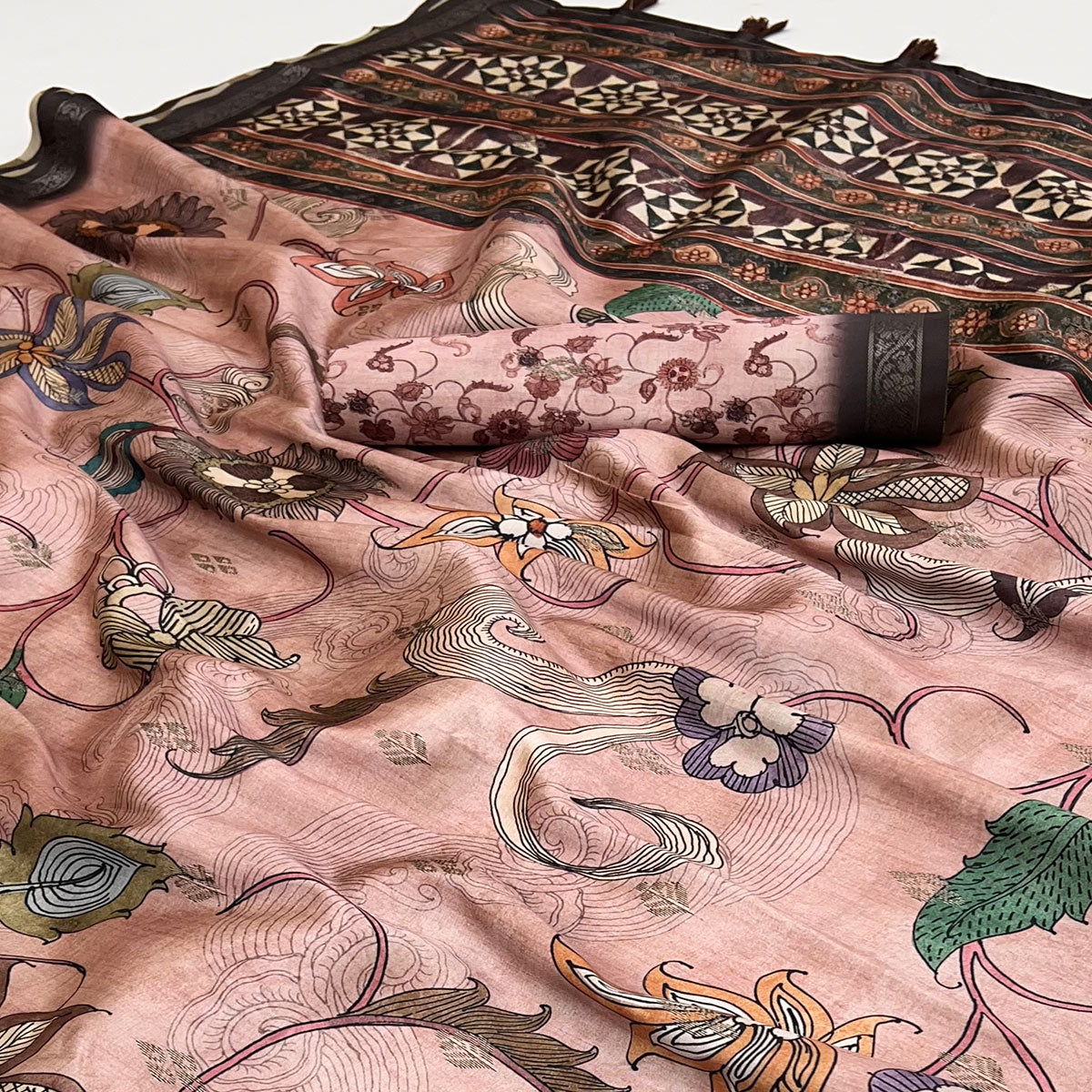 Graceful Peach Cotton Silk Saree with Artistic Florals Print & Weaving Detail