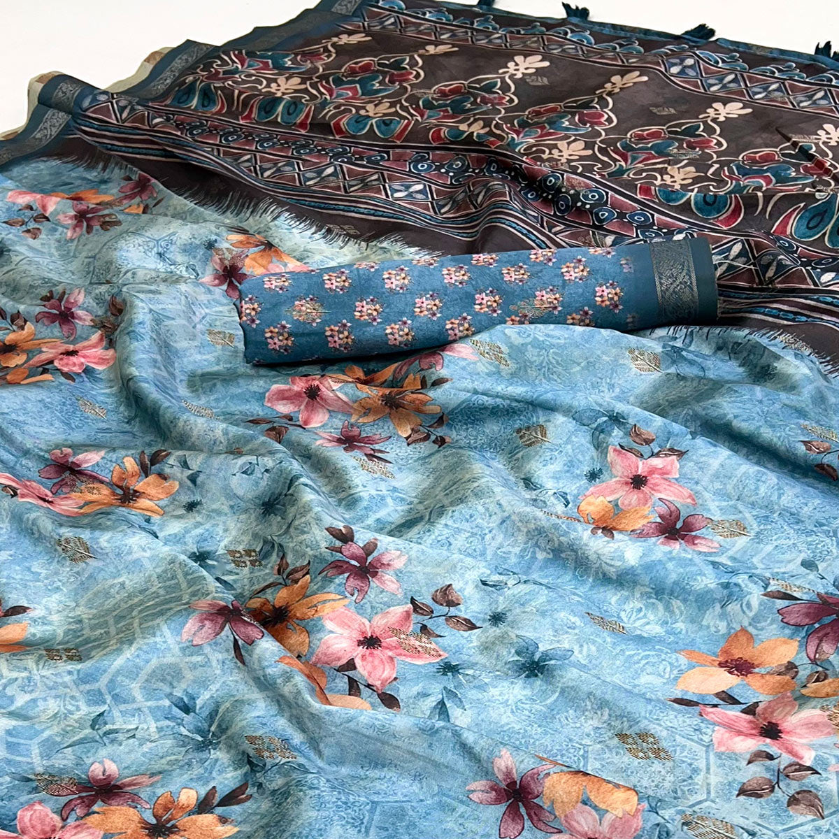 Graceful Sky Blue Cotton Silk Saree with Artistic Florals Print & Weaving Detail