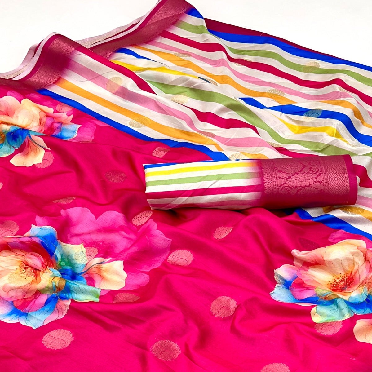 Pink Floral Patterned Smooth Dola Silken Drape Featuring Zari Border