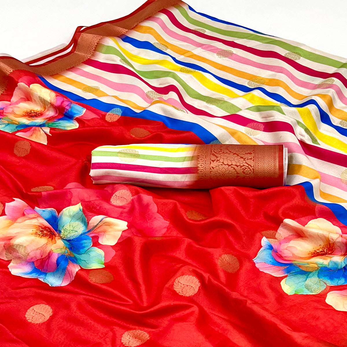 Red Floral Patterned Smooth Dola Silken Drape Featuring Zari Border