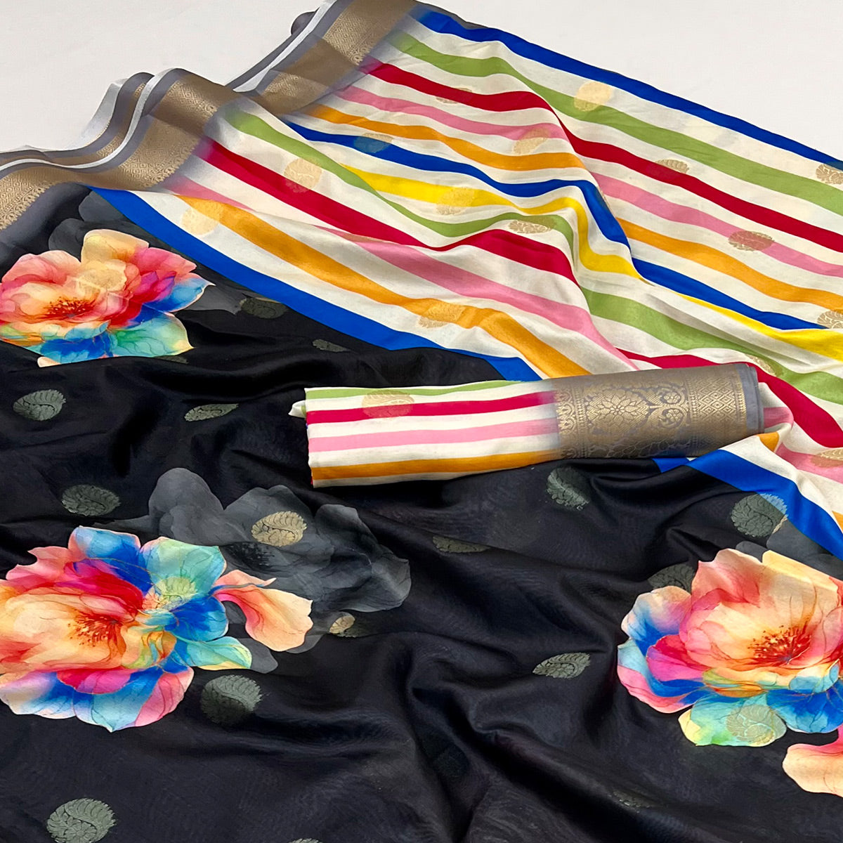 Black Floral Patterned Smooth Dola Silken Drape Featuring Zari Border