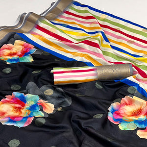 Black Floral Patterned Smooth Dola Silken Drape Featuring Zari Border