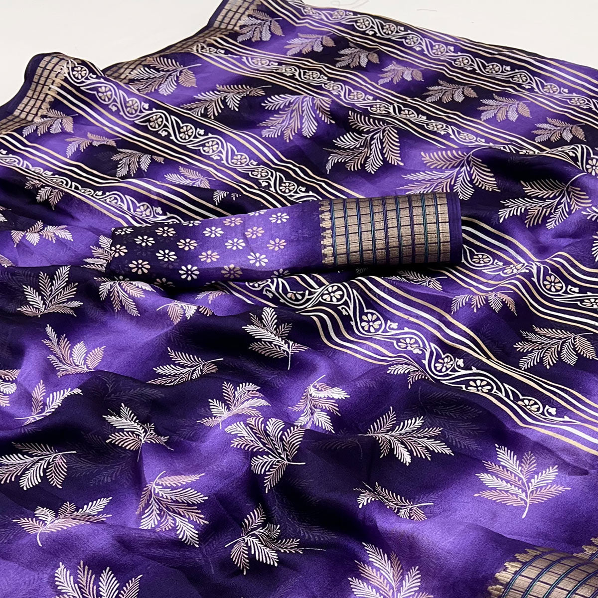 Violet Floral Printed Georgette Saree Featuring Weaving Border Design